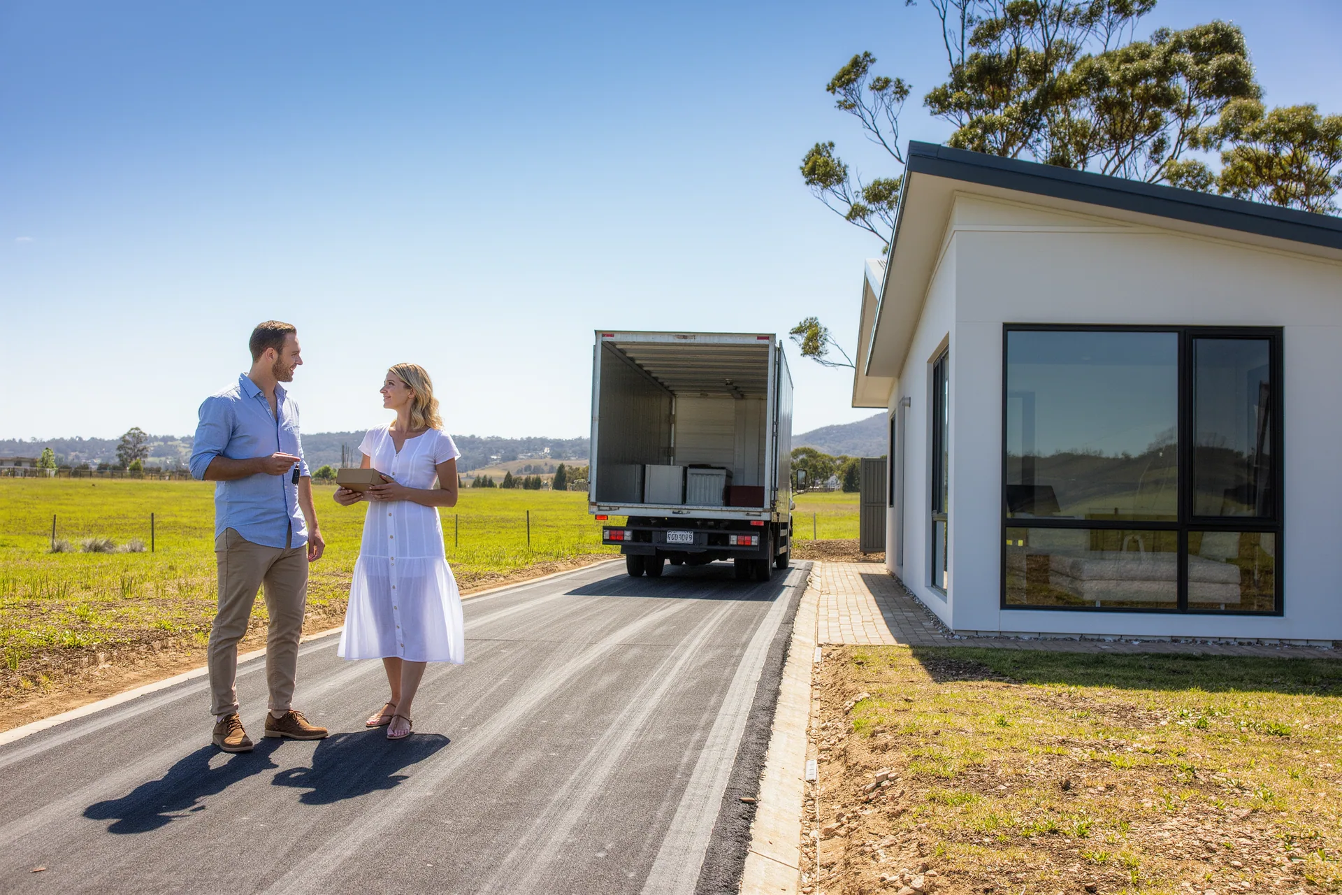 A family outside a newly completed home in a growth community